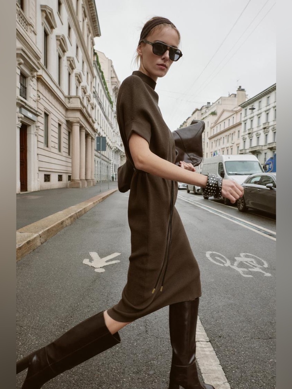 NWT. Zara Mink Knit Loose-Fitting Belted Midi Dress. Size L. - Picture 4 of 11